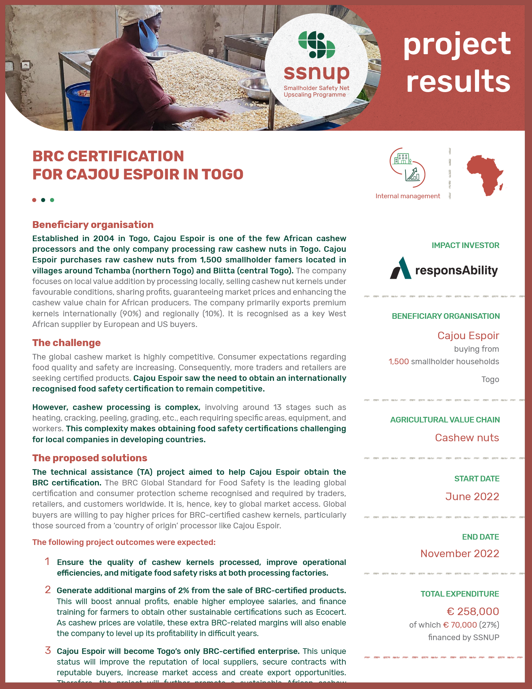 BRC CERTIFICATION FOR CAJOU ESPOIR IN TOGO