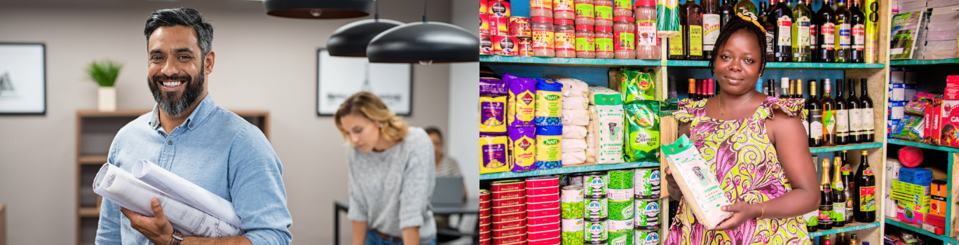Un homme portant des dossiers sous le bras et une femme dans une échoppe.